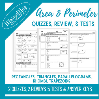 Preview of Area Perimeter - Rect, Parallelogram, Rhombi, Trap - 2 quiz, 2 reviews & 5 tests