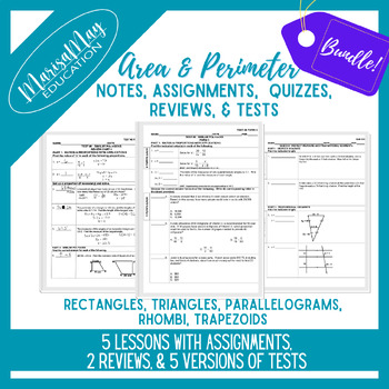 Preview of Area Perimeter - Rect, Parallelogram, Rhombi, Trap - 5 lessons w/2 rev & 5 tests