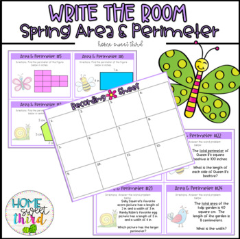 Preview of Area & Perimeter Task Cards Spring | Write the Room | Scoot