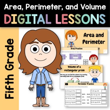 Preview of Area, Perimeter, & Volume 5th Grade Interactive Google Slides | Math Review