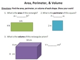 Area, Perimeter, Volume (assessment, worksheet, or homework)