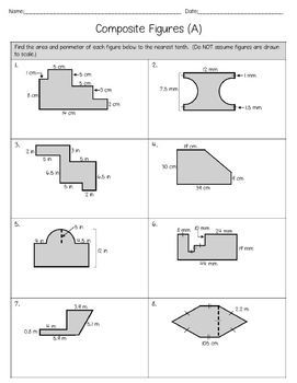 composite perimeter figures area worksheet math