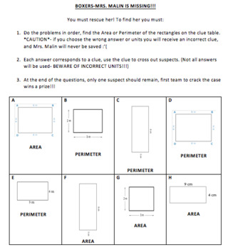 Preview of Area & Perimeter of Rectangles Save the Teacher Mystery