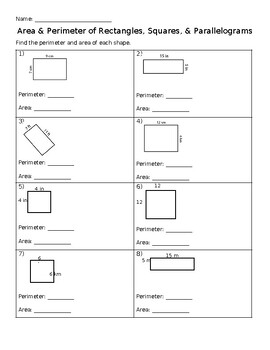 Preview of Area & Perimeter of Rectangles, Squares, & Parallelograms Worksheet
