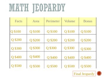 Preview of Interactive Area, Perimeter and Volume Jeopardy Game
