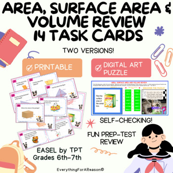 Preview of Area, Surface Area and Volume Review 14 TASK CARDS - Printable and Digital