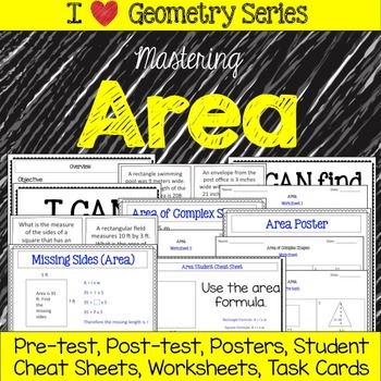 Preview of Area -Unit Pretests, Post-tests, Posters, Cheat Sheets, Worksheets..