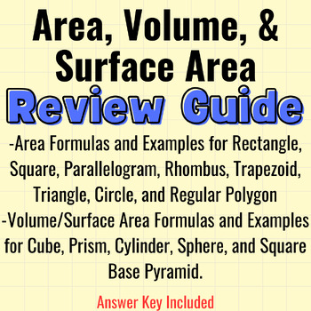 Preview of Area/Volume/Surface Area - Formulas and Review Guide with Examples