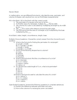 Preview of Area, Volume and Perimter Review Sheet