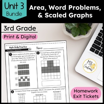 Preview of 3rd Grade Area, Word Problems, Scaled Graphs Worksheets - iReady Math Unit 3