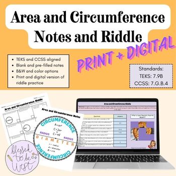 Preview of Area and Circumference Notes and Riddle (Digital and Print)