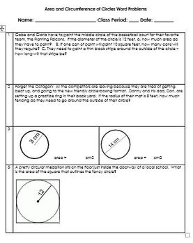 area and circumference of circles word problems worksheet