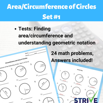 Preview of Area and Circumference of Circles Worksheet - Set #1