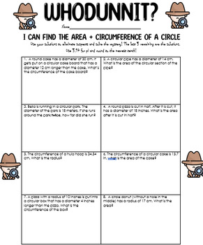 Preview of Area and Circumference of a Circle Word Problems Editable Whodunnit 7.G.B.4
