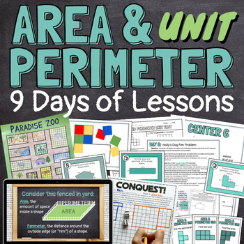 Preview of Area and Perimeter 9 Lesson Unit BUNDLE with Slides, Centers, Worksheets