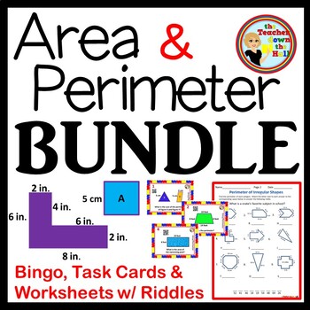 Preview of Area Perimeter BUNDLE Bingo Task Cards and Worksheets w/ Riddles!!