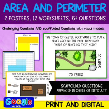 Preview of Area and Perimeter practice with real world questions, grids, PDF + Digital