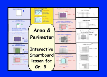 Preview of Area and Perimeter:  Interactive Smartboard Lesson for Gr 3 with Printables