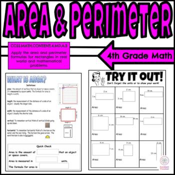 Preview of Area and Perimeter Math Worksheets with problem solving and answer key