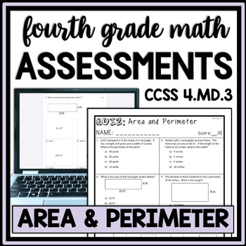 Preview of 4th Grade Area & Perimeter Quiz Worksheets, Review Test, Measurement Assessment