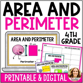 Preview of Area and Perimeter Review Google Slides, PowerPoint, and Task Cards - 4th Grade