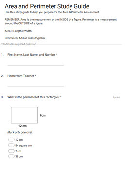 Preview of Area and Perimeter Study Guide