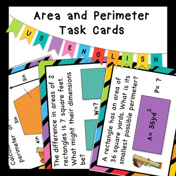 Preview of Area and Perimeter Task Cards 3rd 4th grade, 5 6, rectangles, Missing side, US