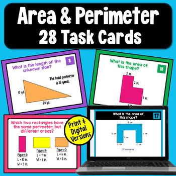 Preview of Area and Perimeter Task Cards for 3rd and 4th Grade: 28 Practice Problems