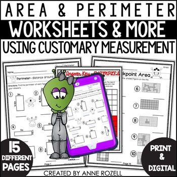 Preview of Area and Perimeter Worksheets | Alien Theme