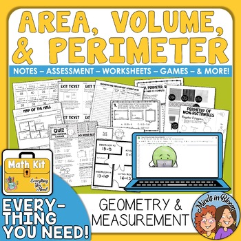 Preview of Area and Perimeter and Volume of Rectangular Prisms - worksheets, games Math Kit