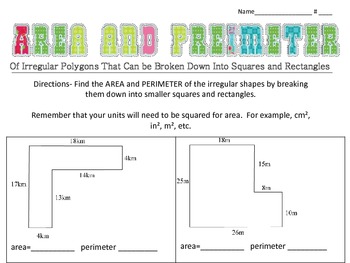 Preview of Area and Perimeter of Irregular Polygons (made of squares/rectangles)