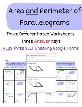 Preview of NO PREP Area and Perimeter of Parallelograms Worksheets and Google From Quizzes