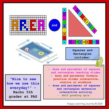 Preview of Area and Perimeter of Squares and Rectangles + Self Grading Quiz