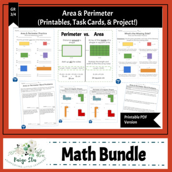 Preview of Area and Perimeter worksheets, anchor chart, task cards, and a project (Bundle!)