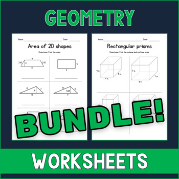 Preview of Area of 2D Shapes & Volume and Surface of 3D Shapes - Geometry Worksheets BUNDLE