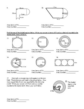 Area of Circles & Compound Composite Shapes (Terms of Pi & Decimals ...