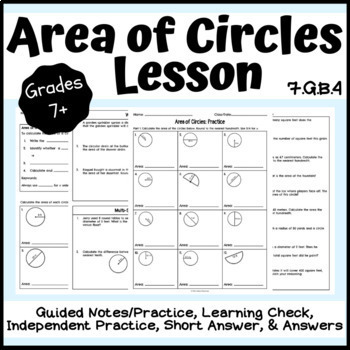 Preview of Area of Circles Lesson: Notes, Practice, Learning Check, Short Answer