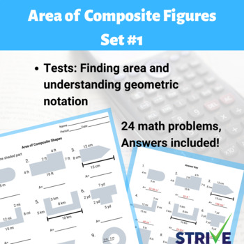Preview of Area of Composite Shapes and Shaded Area Worksheet - Set #1