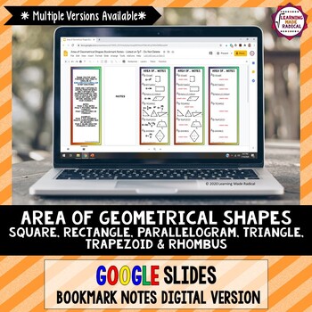 Preview of Area of Geometrical Shapes Google Slides Bookmark Notes