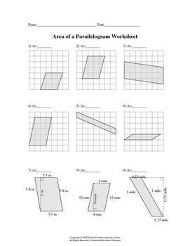 Preview of Area of Parallelogram Worksheet