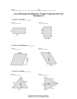 Preview of Area of Rectangle, Parallelogram, Triangle, Trapezoid, and Circle Worksheet # 2