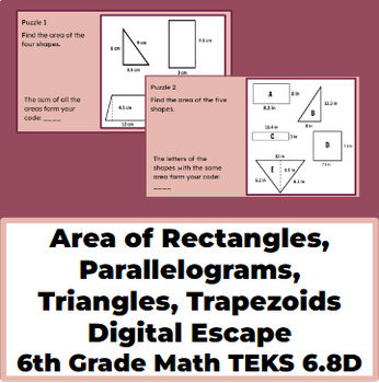 Preview of Area of Rectangles, Parallelograms, Triangles, Trapezoids Digital Escape 6.8D