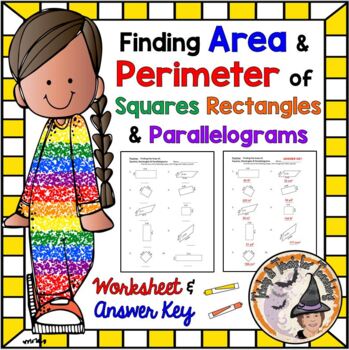 Preview of Area of Squares Rectangles and Parallelograms Worksheet and Answer KEY