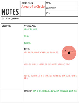 Preview of Area of a Circle Notes - 2 Column Style/AVID Style (1 page or 2 page notes)