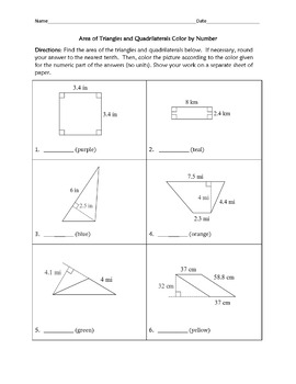 Areas of Triangles and Quadrilaterals Color by Number by Funrithmetic