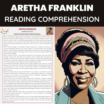 Preview of Aretha Franklin Reading Reading Comprehension Worksheet Queen of Soul Music
