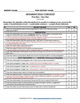 Preview of Argument Essay Checklist for Writing & Peer/Self Editing
