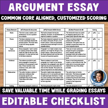 Preview of Argument Essay Editable Scoring Checklist - Fast & Efficient Grading Rubric