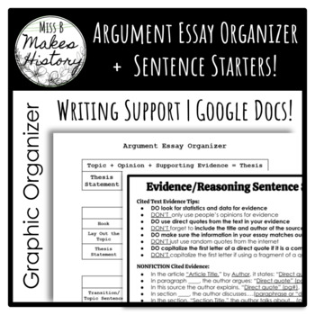 Preview of Argument Essay Graphic Organizer! Evidence/Reasoning Sentence Starters! 