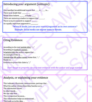 Preview of Argument Essay - Sentence Starters by Type